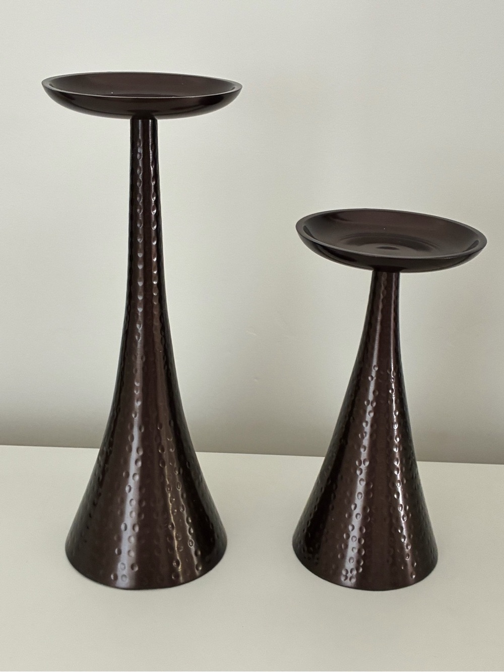 Hammered Metal Pillar Candle Holders Set in Brown (Set of 2)